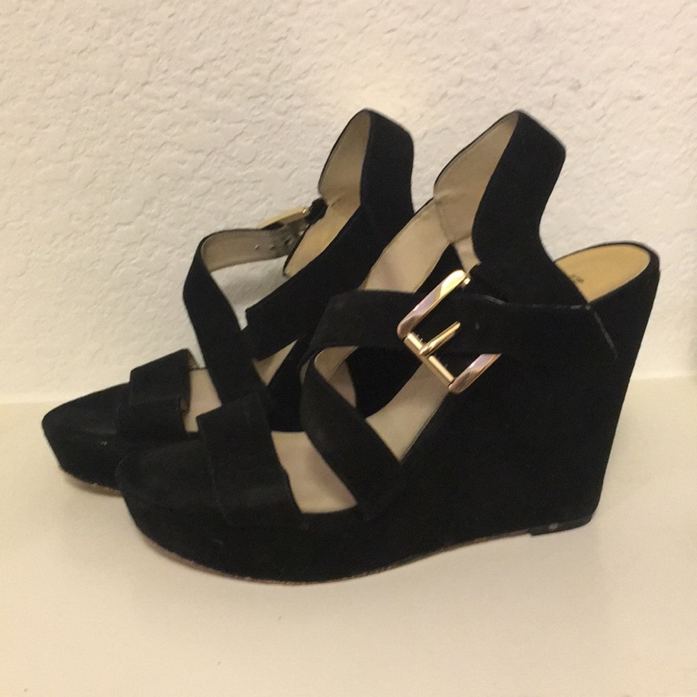 MICHAEL Michael Kors Black Wedges with Gold Buckle